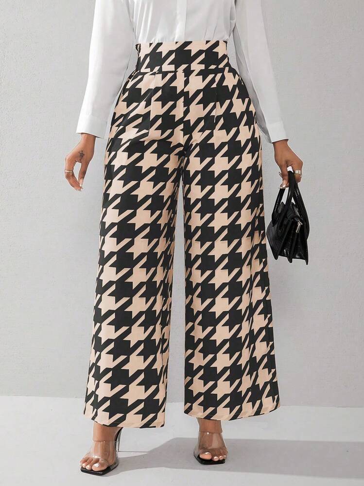 Lyxana 女士通勤简约千鸟格印花阔腿裤 - 卡其色 - 查看 3