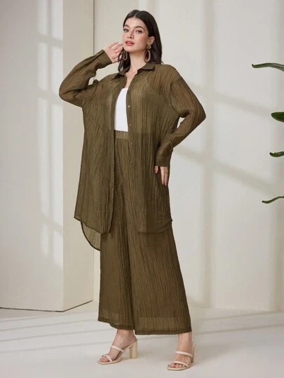 Seusyu Women Casual Solid Color Textured Long Sleeve Shirt & Pants 2 Pieces Set