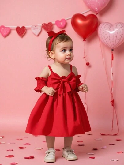 SHEIN Glamorique Kids 情人节女宝宝吊带连衣裙套装，精致蝴蝶结设计，甜美可爱，节日气氛浓厚