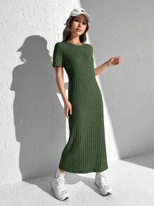 SHEIN EZwear Vestido de punto acanalado con abertura lateral para el verano - Verde - Ver 5