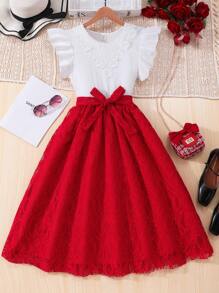 Teen Girl Knit Mesh Cap Sleeve Lace Splice Red Elegant Dress - Red - View 1