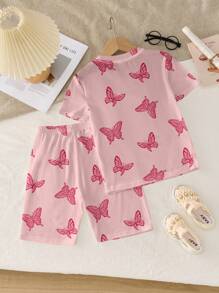 SHEIN Leap Crew Tween Girl 粉色蝴蝶图案休闲 T 恤和短裤针织面料睡衣套装，贴身合身，适合春夏季、情人节 - 彩色 - 查看 2