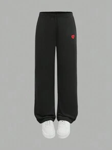 Bộ 3 trang phục giản dị tối giản cho bé gái tuổi teen, áo sơ mi dài tay rộng màu trắng, áo ba lỗ thêu hình trái tim màu đỏ và quần ống rộng màu đen, trang phục giản dị tối giản cho mùa xuân và mùa hè, quần áo ngày lễ tình nhân - Đen và trắng - Xem 8