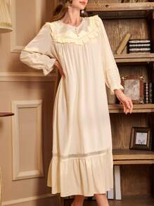 蕾丝拼布荷叶边领珍珠纽扣复古宫廷风女士睡袍 - 杏色 - 查看 6
