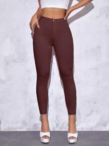 SHEIN PETITE Women Simple Solid Color Slim Fit Casual Pants - Coffee Brown - View 1