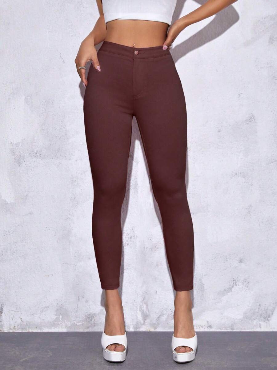 SHEIN PETITE Women Simple Solid Color Slim Fit Casual Pants - Coffee Brown - View 1