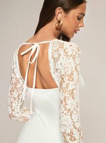 Glamine Women Simple Front Lace-Up Patchwork Slim Fit Mini Dress - White - View 7