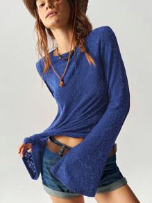Bohemela BOHO Women's Casual Solid Color Knit Spliced Lace Flare Long Sleeve Slim Fit Regular T-Shirt