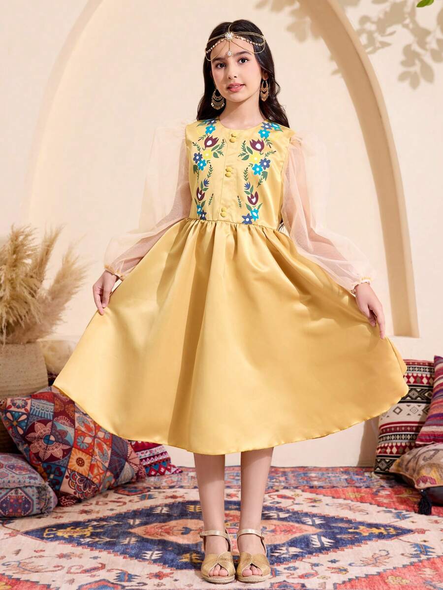 Vestido elegante de manga larga con estampado floral y malla para niñas preadolescentes