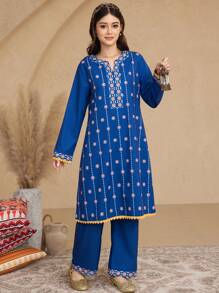 2pcs/Set Teenage Girls Printed Long Sleeve Top & Pants Set - Blue - View 6