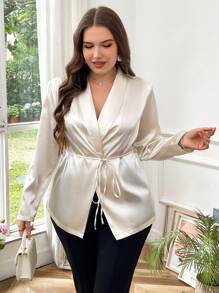 SHEIN Privé 大码女式优雅杏色法式环绕式系带领长袖衬衫，适合通勤，秋季 - 杏色 - 查看 3