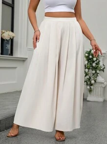 Plus Size Plain Color Pleated Pocket Loose Casual Pants, Everyday Wear Fall Cloth For Women - Multicolor - View 3