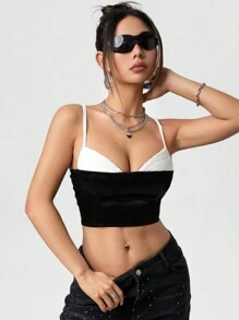 SHEIN ICON Top de tirantes de contraste de color y costura casual tipo camiseta para mujer, uso diario, estilo Y2K San Valentín - Blanco y Negro - Ver 6