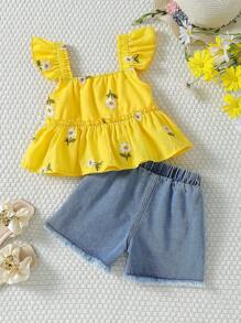Ramadã 2 peças/Conjunto Top com Mangas Curtas e Shorts com Bordado de Flor Fofa para Meninas, Conjunto de Verão Doce