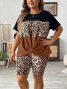 EMERY ROSE Top și pantaloni scurți cu mâneci scurte cu nod răsucit cu imprimeu de leopard, cu 2 bucăți pentru vară