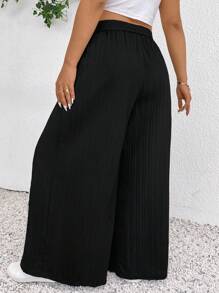 SHEIN Frenchy 女式大码休闲时尚高开叉腰带蝴蝶结系腰黑色长裤 - 黑色 - 查看 2