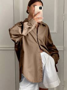 Livesso 女士纯色宽松长袖翻领后开衩蝴蝶结衬衫，秋装 - 棕色 - 查看 3