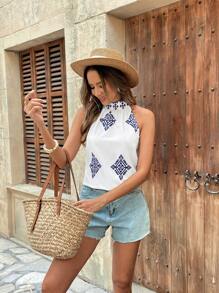 SHEIN Unity Blus Wanita Motif Geometris Kasual untuk Liburan dengan Leher Halter - Biru - View 5