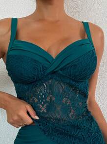 夏季女式 2 件系带褶皱细肩带比基尼套装 - 绿色，性感露背设计，修身 - 綠色 - 查看 3