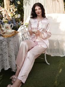 蕾丝拼布彼得潘领甜美女孩仿丝开衫配蝴蝶结睡衣套装 - 粉色 - 查看 5