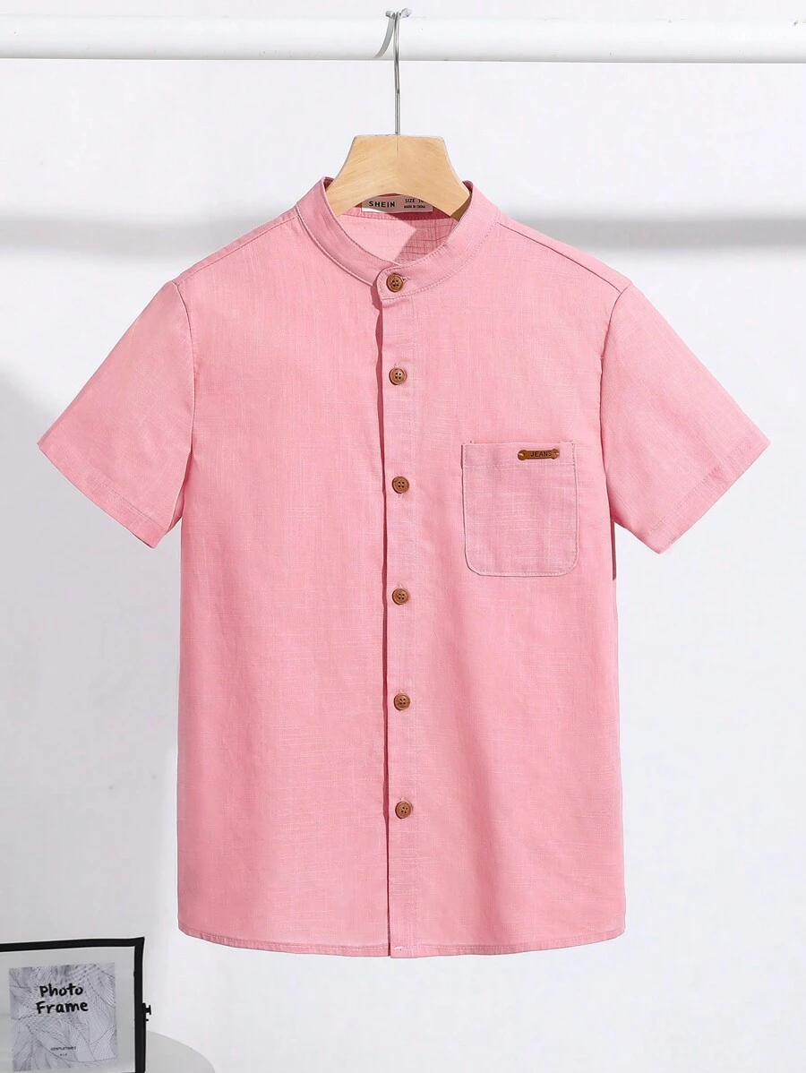 SHEIN Little Byeori 青少年男孩休闲宽松舒适短袖撞色纽扣衬衫 - 粉色 - 查看 1