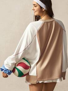 VARSITIE Long Sleeve Workout Top Color Block Letter Print Sports Sweatshirt - Khaki - View 3