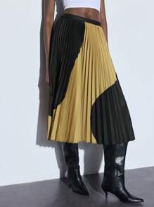 SHEIN Maija 2025 Summer New Pleated Color Blocking Skirt, Ladies' Casual Business Commute Elegant Beach Resort Suitable For Wedding Guest, Countryside Music Festival, Brunch, Airport Attire, 90s Vintage Stockholm Style, American Independence Day - Brown - View 6