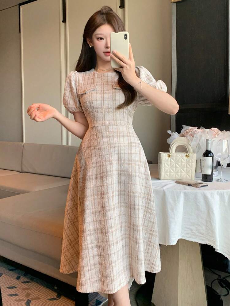 Plaid Puff Sleeve Pocket Decor Mid-Length Dress For Women