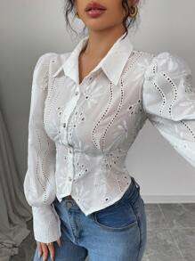 Elenzga Valentine's Day New Arrival Women's Jacquard Embroidery Floral Romantic Puff Sleeve Blouse, Elegant Versatile Slim Fit Hollow Pattern White Long Sleeve Shirt