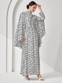 Veilorie Damen Kleid mit ganzflächigem Blumen-Muster, Langarm mit Vorder-Bindung - Schwarz und Weiss - Übersicht 7