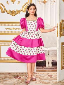 SHEIN Leap Crew Tween 女童宽松休闲简约圆领印花撞色拼接荷叶边下摆连衣裙