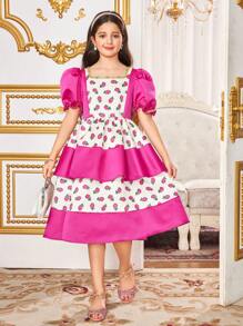 SHEIN Leap Crew Tween 女童宽松休闲简约圆领印花撞色拼接荷叶边下摆连衣裙