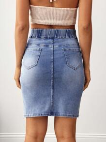 SHEIN LUNE 女式前扣口袋开衩休闲牛仔半身裙 - 藍色 - 查看 2