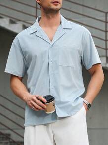 Manfinity CasualCool Camisa casual de manga corta de un solo bolsillo y solapa para hombre, de unicolor