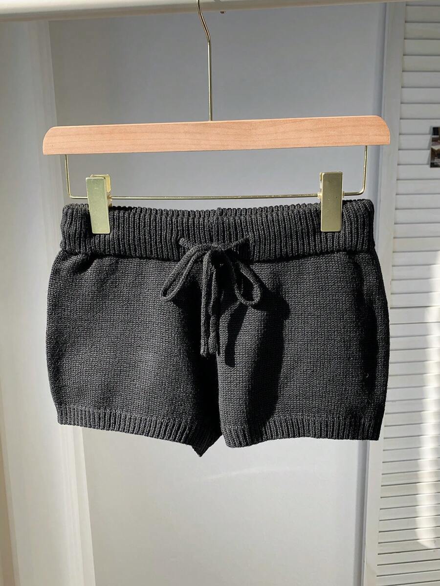 Comfortcana Women's Solid Color Front Tie Simple Casual Shorts In Fall/Winter - Black - View 1