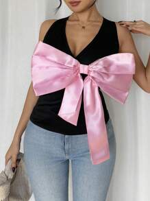 Calvaya Women's V-Neck Sleeveless Contrast Color Pink Bow Decor Blouse