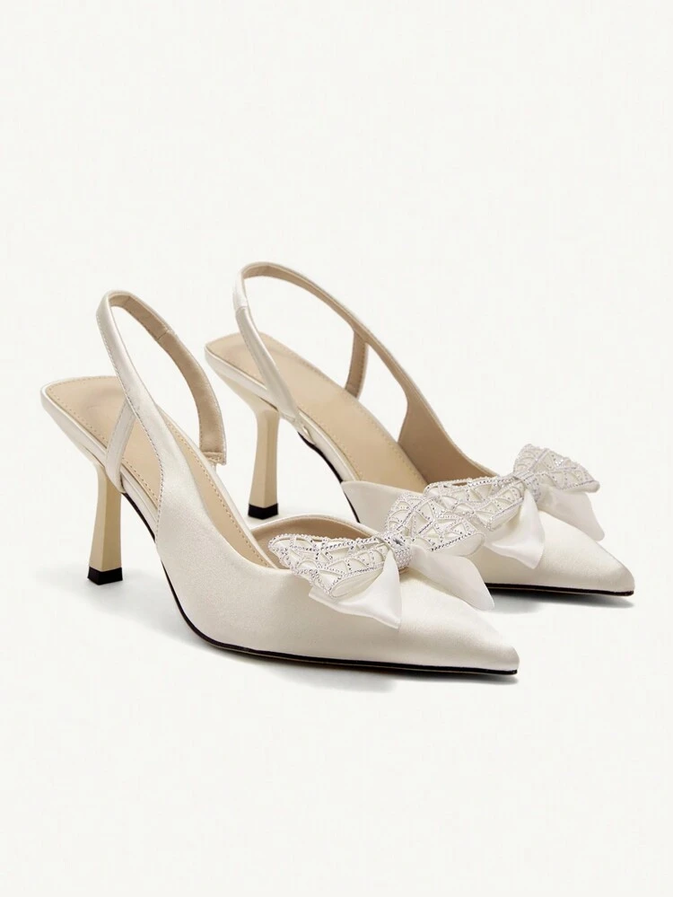 CUCCOO CHICEST ポインテッドトゥ ラインストーン リボン ハイヒールパンプス ウィメンズ、エレガントでレディライクなスウィートでキュートな フォーマルパーティー ウェディング アフタヌーンティー ドレスシューズ