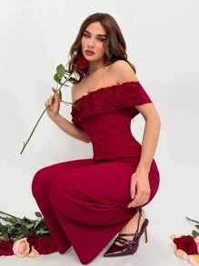 Aloruh 女士 3D 花卉装饰露肩简约连体裤，休闲日常穿着 - 酒紅色 - 查看 1