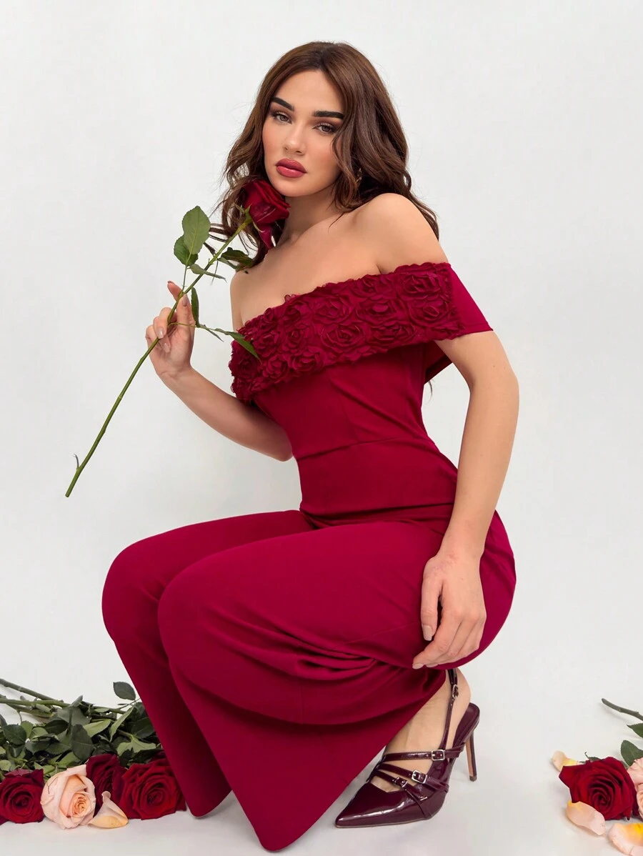 Aloruh 女士 3D 花卉装饰露肩简约连体裤，休闲日常穿着 - 酒紅色 - 查看 1