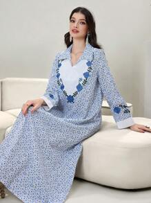Al Najma Gaun Maxi Lengan Panjang Motif Bunga Patchwork Gaya Arab, Sopan - Biru - View 3