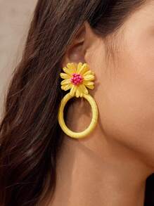 SHEIN VCAY Hoa tai tròn nhẹ dệt thủ công từ sợi raffia tự nhiên - Màu vàng - Xem 2