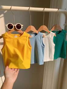 SHEIN 4pcs/Set Baby Boy & Girl Casual Crew Neck Short Sleeve Macaron Colored Knit Vest, Suitable For Spring/Summer Indoor And Outdoor Wear