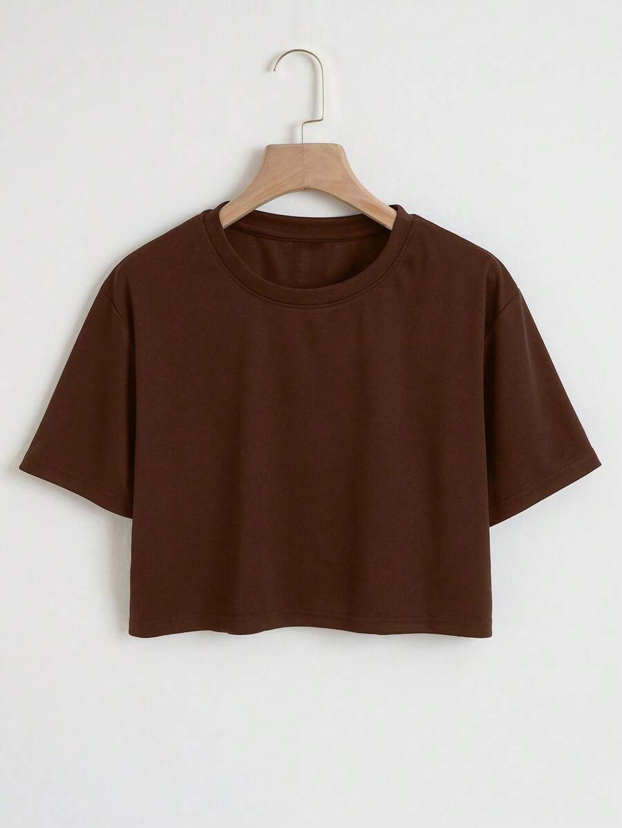 INAWLY Camiseta corta sólida - Café integral - Ver 1