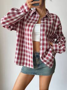 Flirla Camisa de manga larga a cuadros de estilo urbano casual para mujer