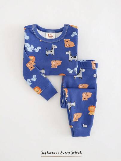 Cozy Pixies Baby Boy Cartoon Animal Print Knit Soft Round Neck Long Sleeve Top And Elastic Waist Long Pants 2 Pieces Pajamas Set