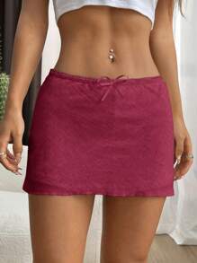 SHEIN EZwear 女士蝴蝶结装饰简约 A 字裙，休闲日常穿着 - 酒紅色 - 查看 6