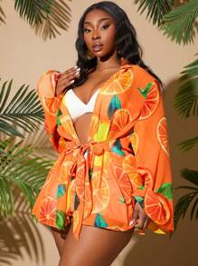 SHEIN SXY Plus Size Front Tie Long Sleeve All-Over Print Casual Shirt - Multicolor - View 3