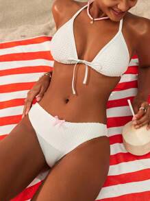 SHEIN Swim Women's Solid Color Front-Tie Bikini Top And Bottom Set, For Summer Beach Vacation - Beige - View 5