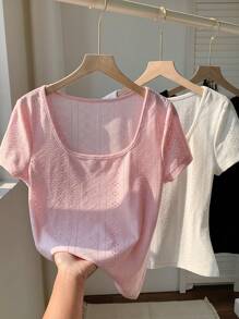 Comfortcana 女士春夏纯色短袖简约休闲可爱上衣，日常穿着 - 彩色 - 查看 5