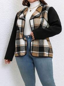 SHEIN LUNE Plus Size Women Plaid Patchwork Long Sleeve Casual Jacket, Autumn